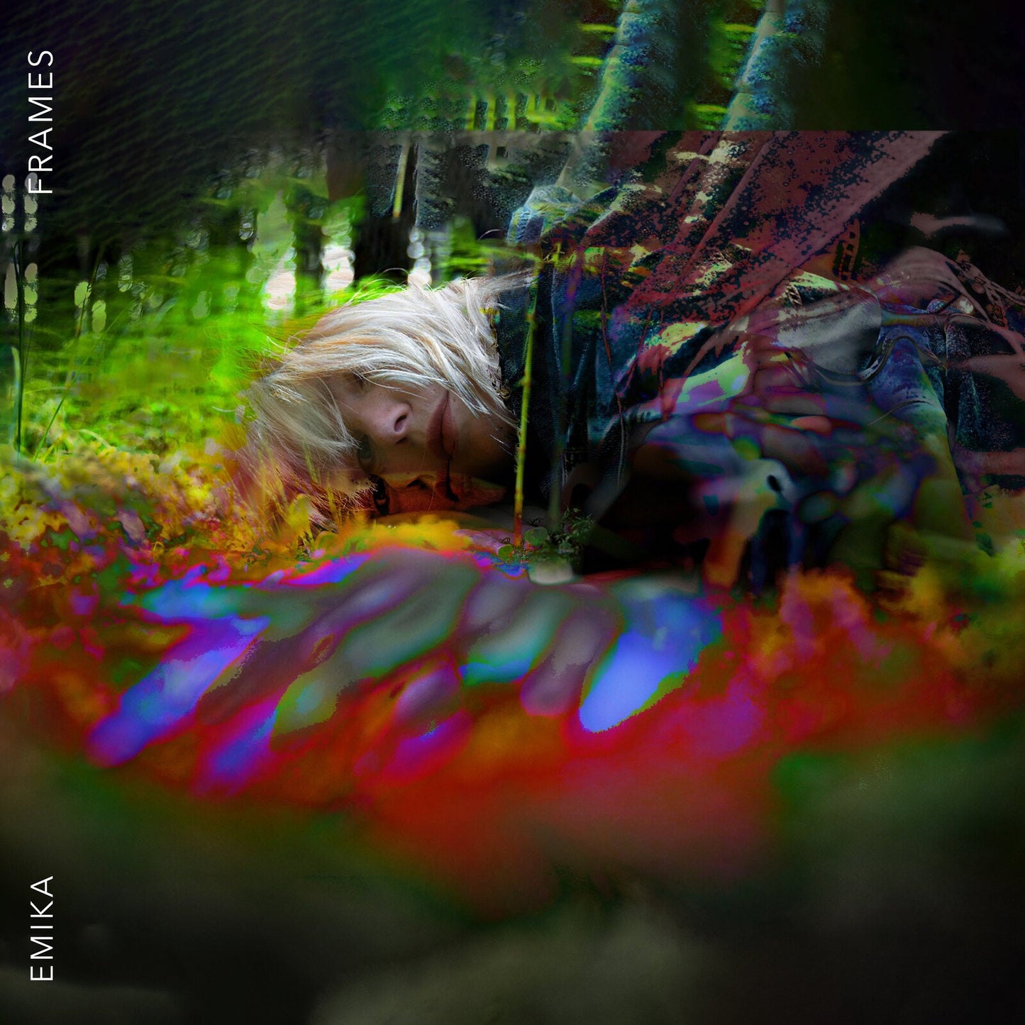 Album cover for Emika’s “Frames” featuring a person amidst colorful distortion.