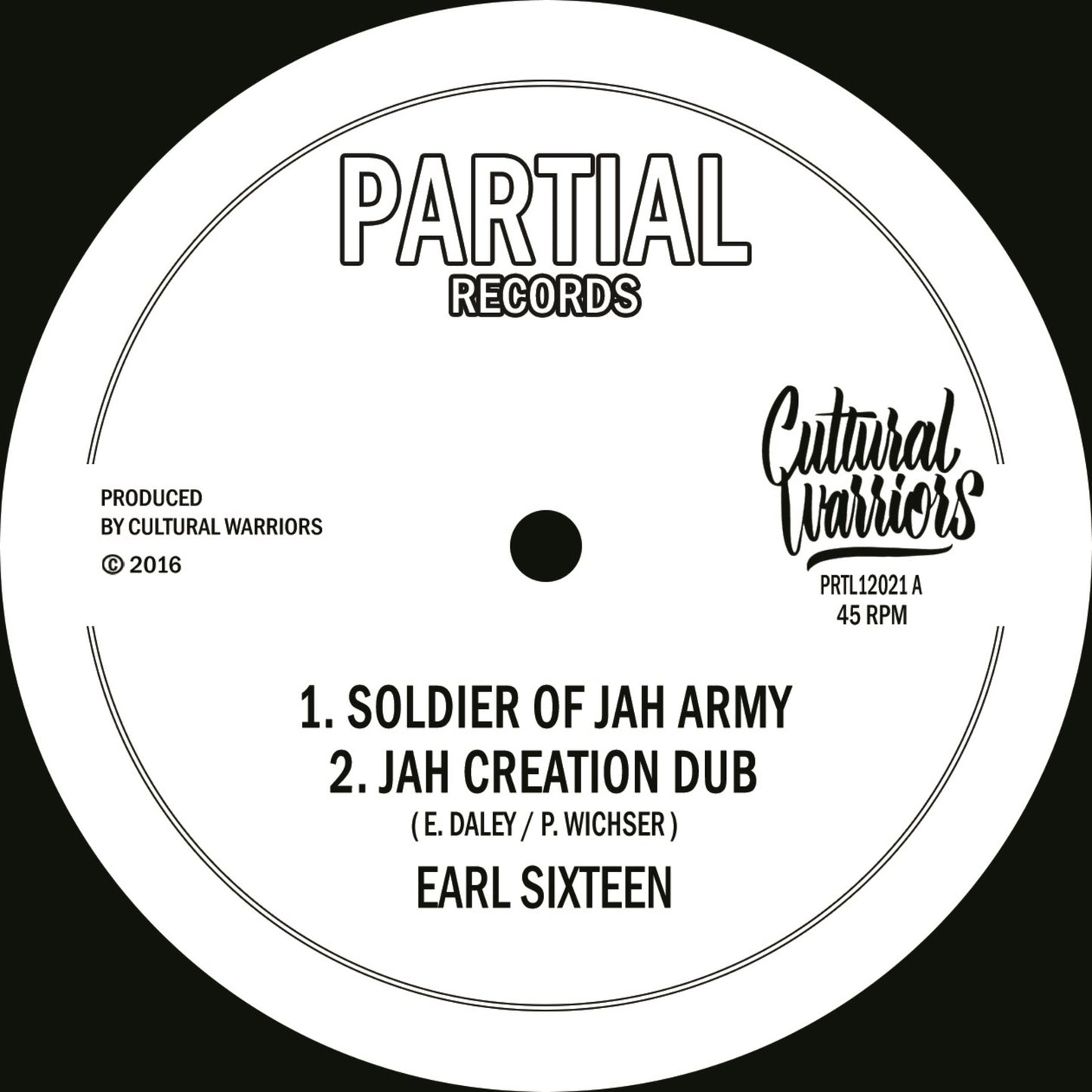 White vinyl record label with black text: "Earl Sixteen - Soldier Of Jah Army".