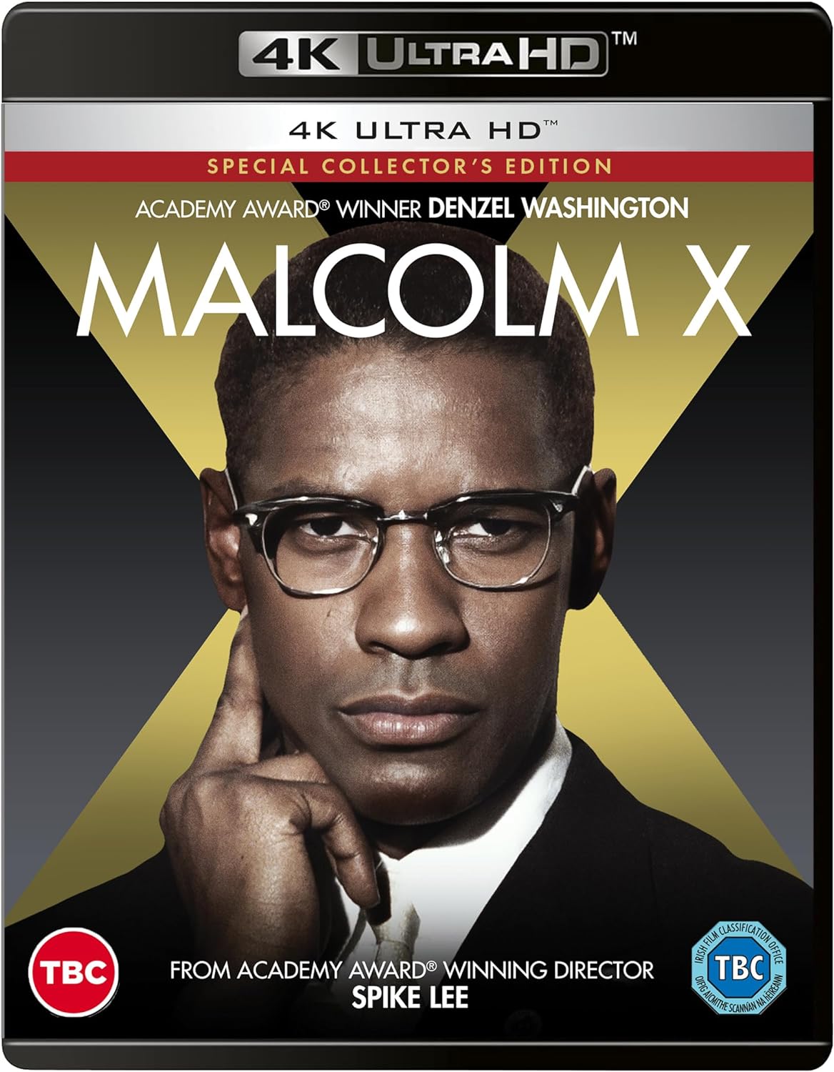 Malcolm X" Blu-ray cover featuring Denzel Washington in a suit and glasses.