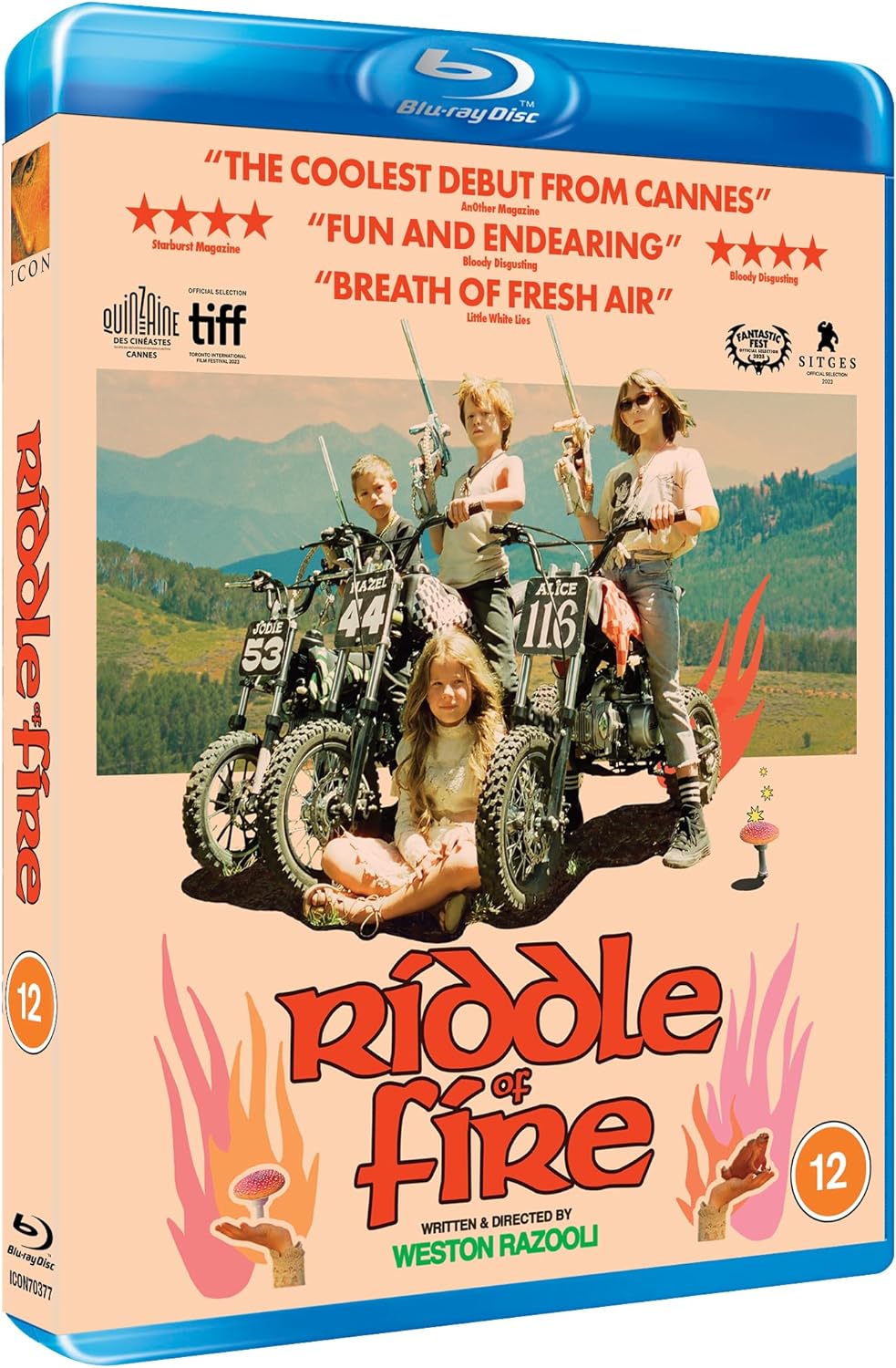 Blu-ray cover for "Riddle Of Fire" featuring people on a motorcycle.