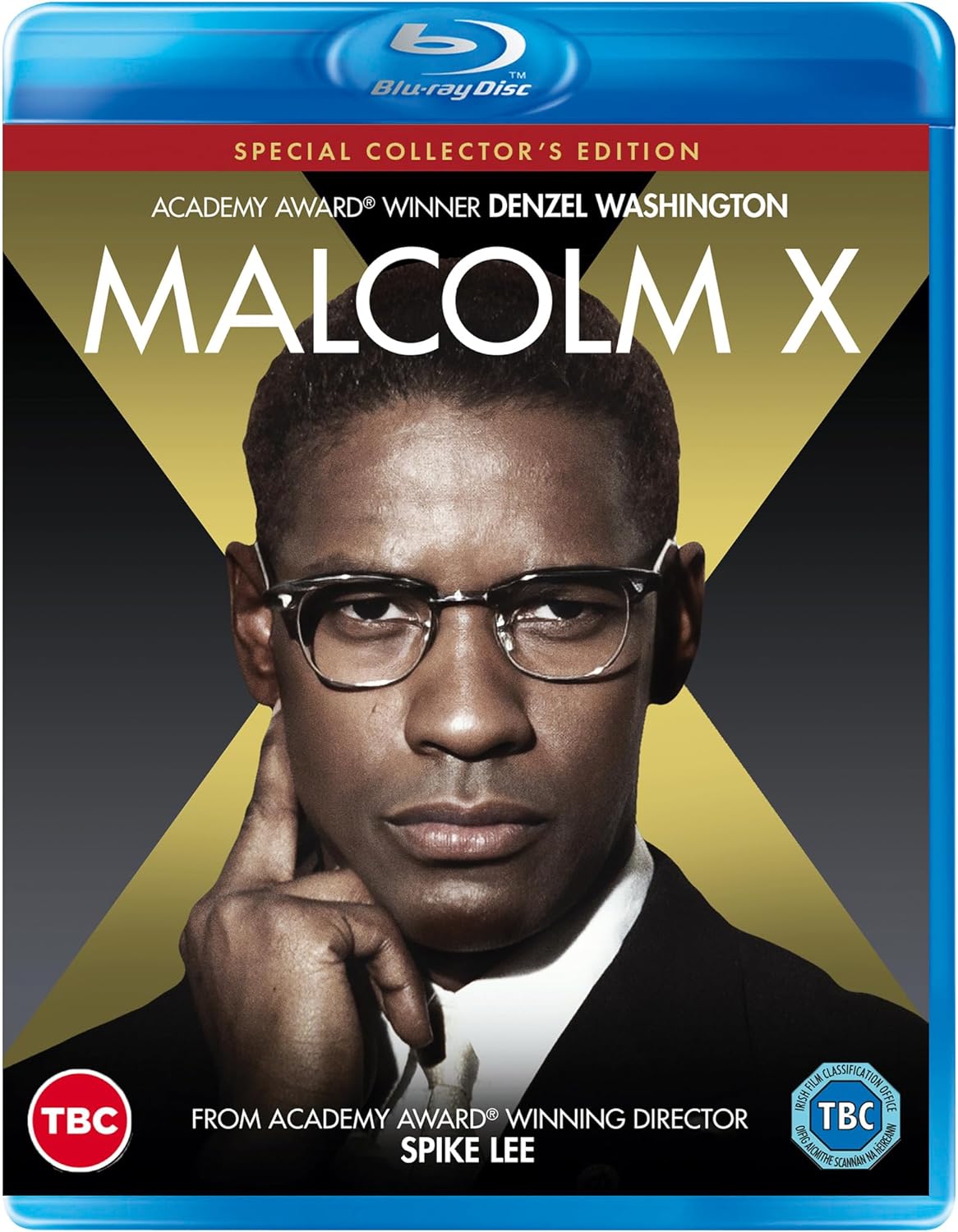 Blu-ray cover for "Malcolm X" featuring Denzel Washington in a suit.
