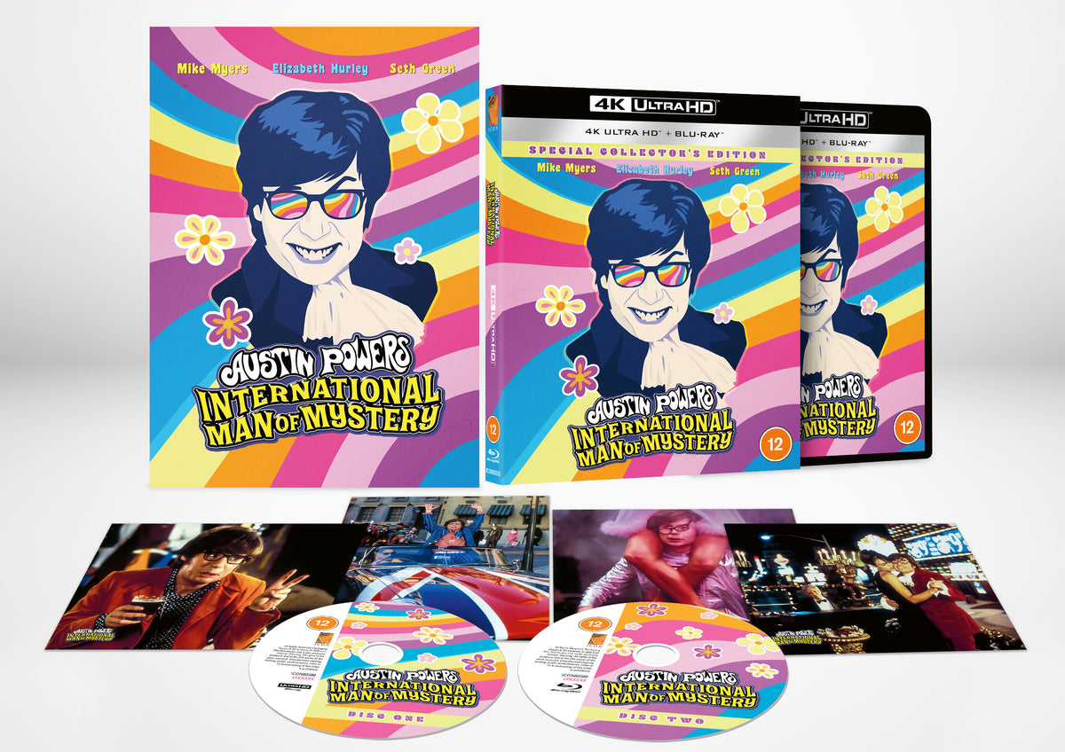 Austin Powers" Blu-ray case with cartoon image of Mike Myers in character.