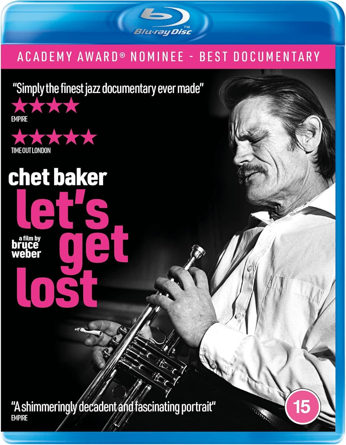 Blu-ray cover for “Let’s Get Lost” documentary featuring Chet Baker with trumpet.