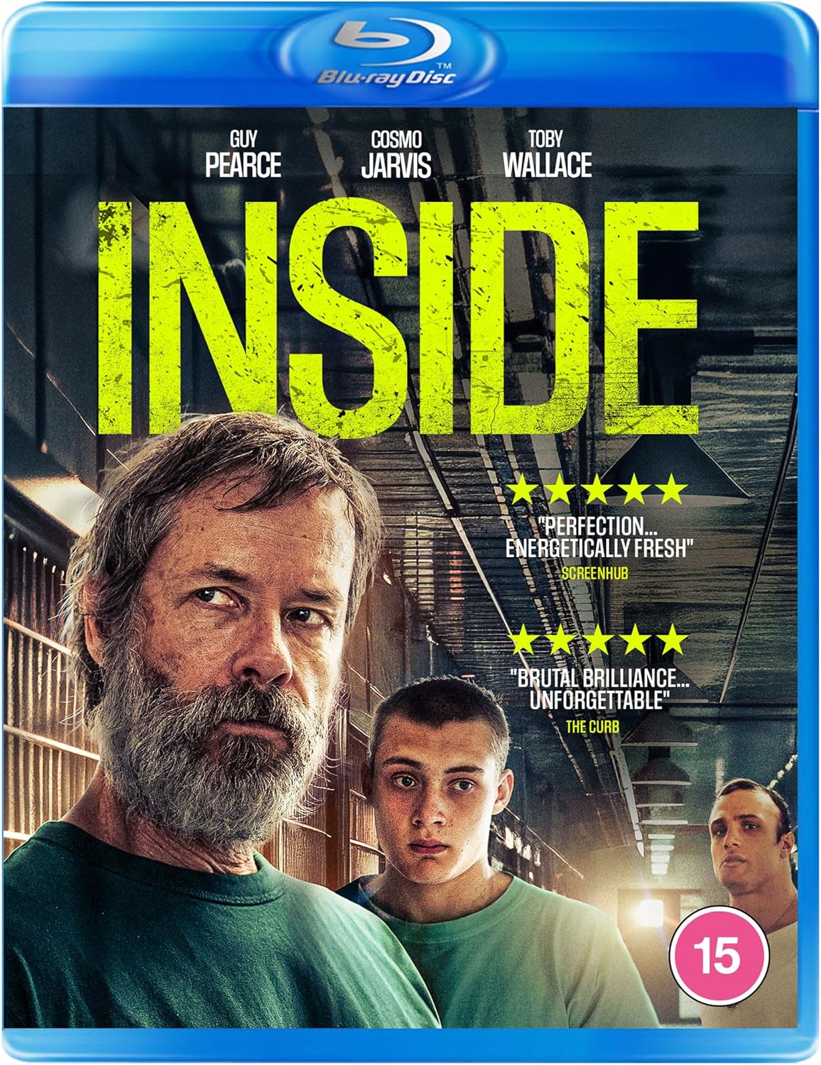 Blu-ray cover for the film "Inside" featuring three distressed men.