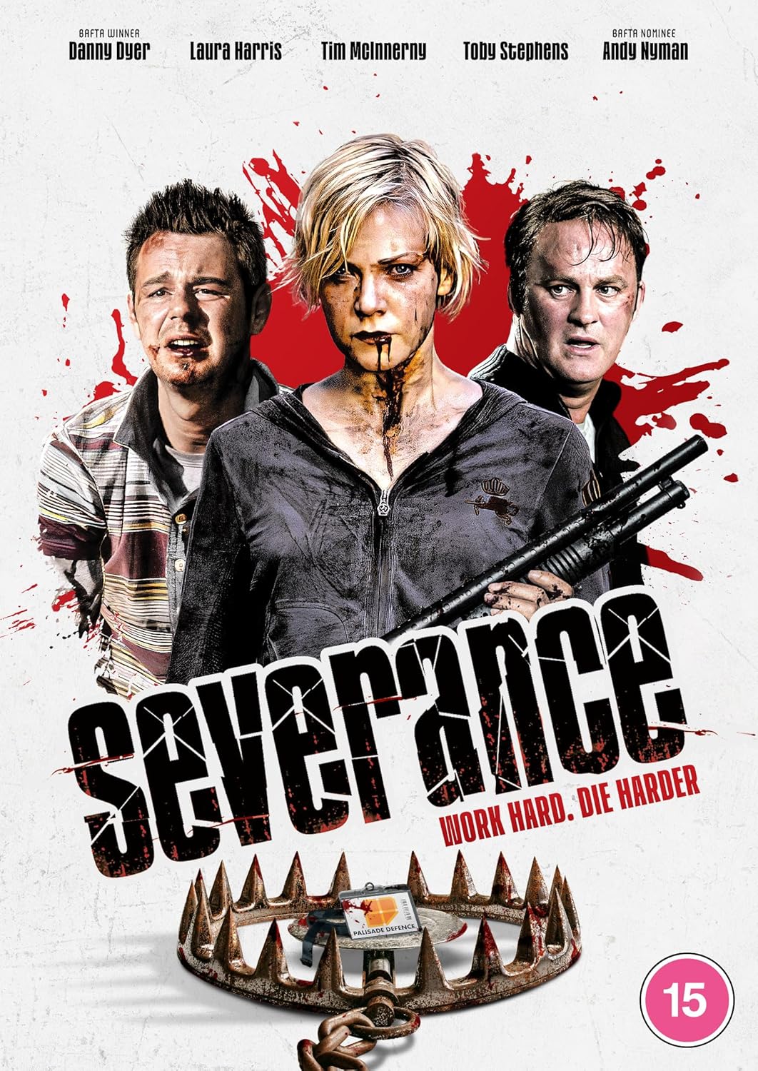 DVD cover for "Severance" featuring three people and blood splatters.