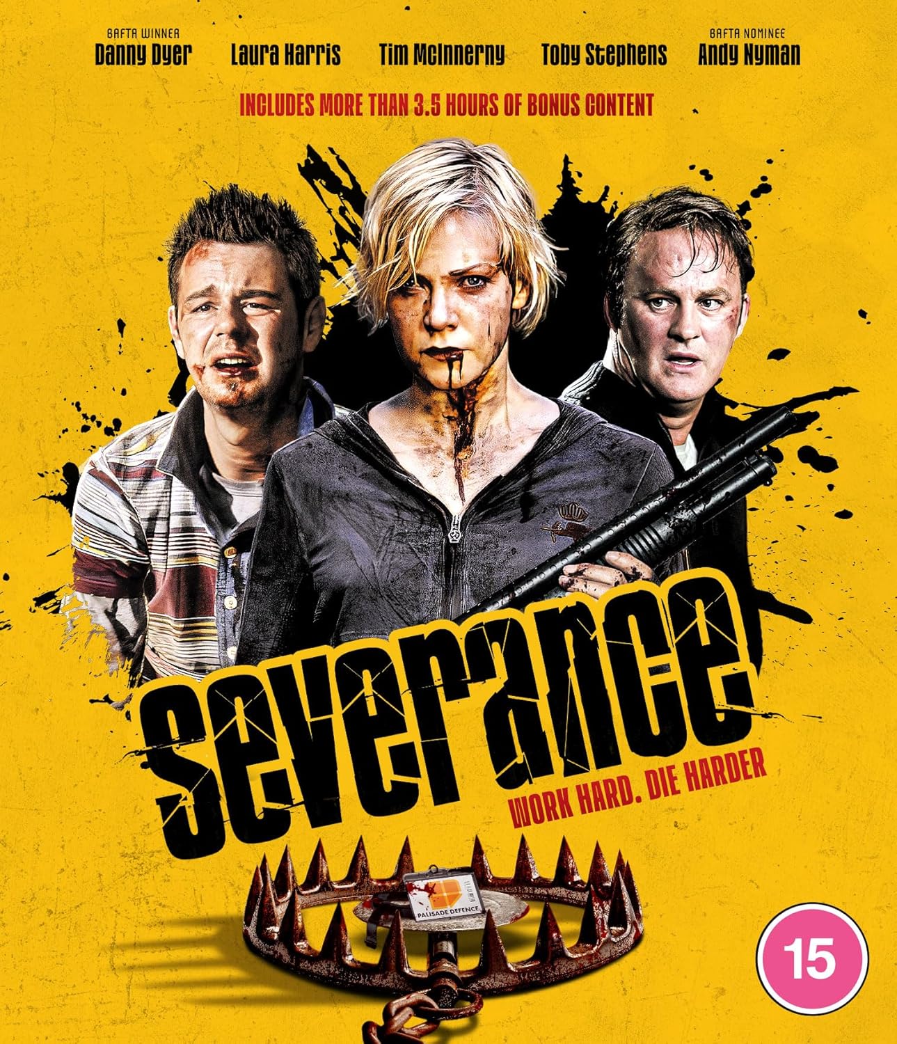 Blu-ray cover for Severance featuring three bloodied actors and a bear trap on yellow.