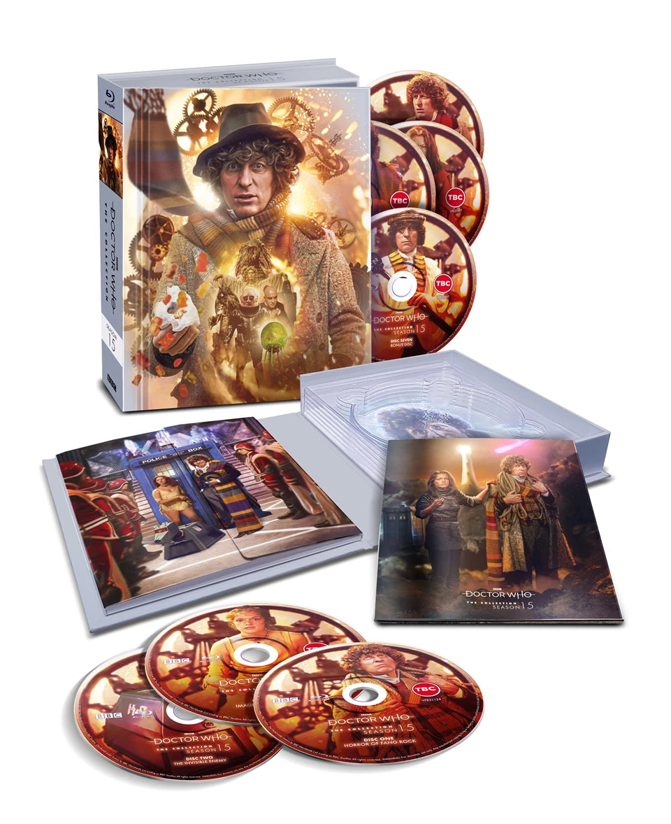 Doctor Who Season 15 Blu-ray box set featuring discs, art cards, and display packaging.