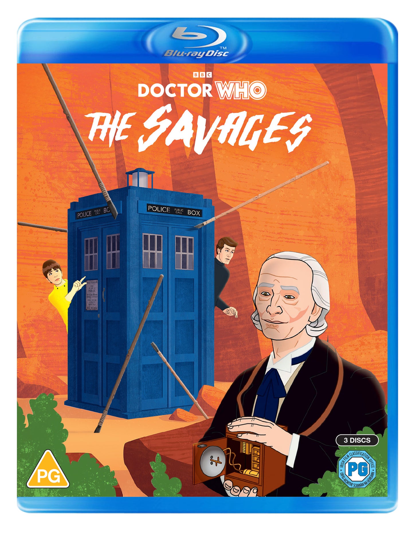 Doctor Who "The Savages" Blu-ray cover with TARDIS, characters, and orange background.
