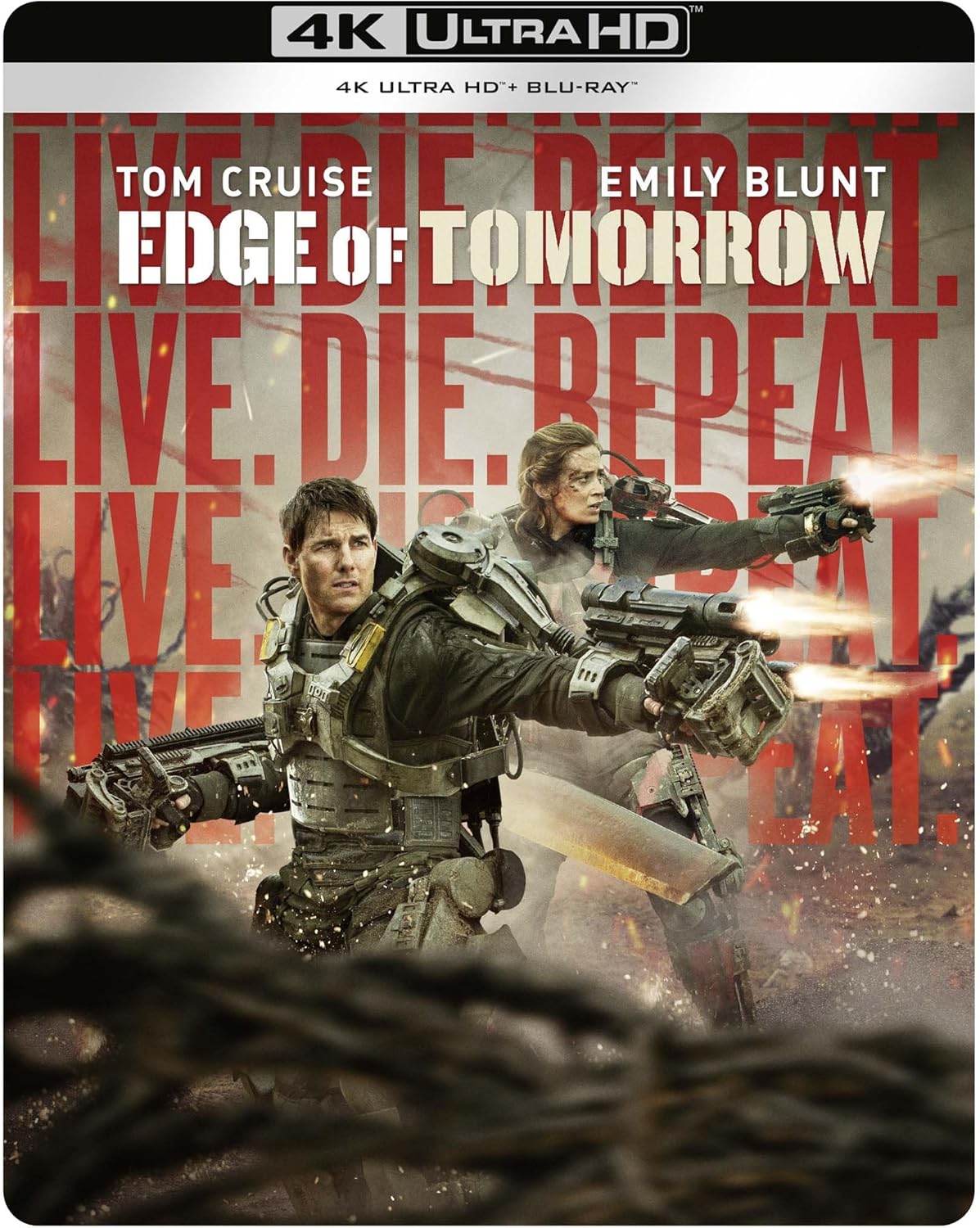 Edge of Tomorrow Blu-ray cover with Tom Cruise and Emily Blunt in combat.