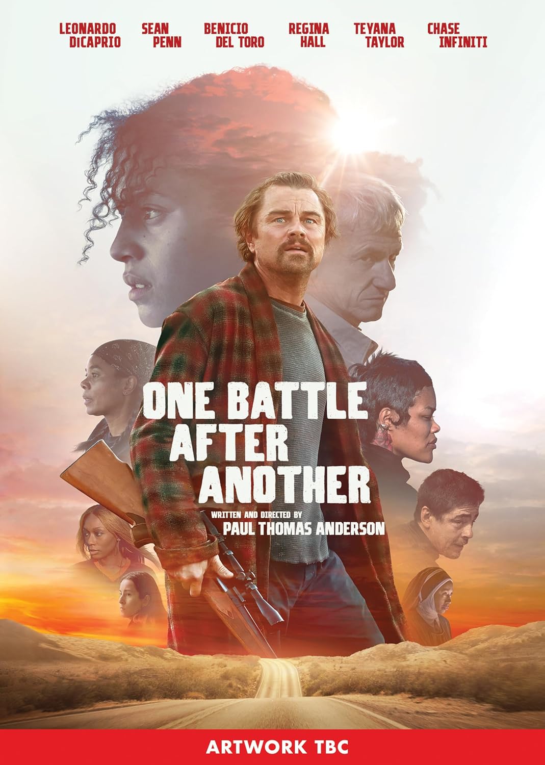 Movie poster featuring Leonardo DiCaprio holding a rifle, surrounded by cast members against sunset.