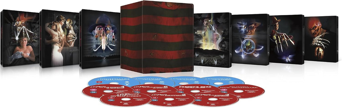 A Nightmare on Elm Street" Blu-ray SteelBook collection with Freddy Krueger imagery.