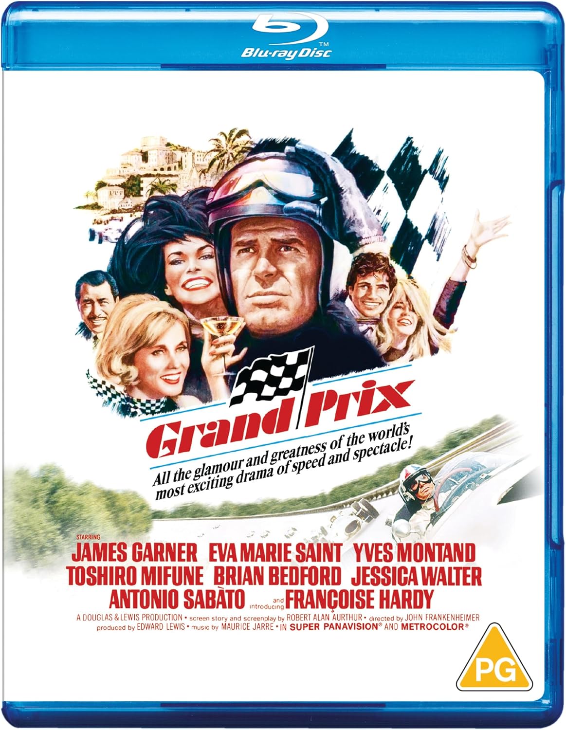 Grand Prix" Blu-ray cover featuring racing cars and film cast portraits.