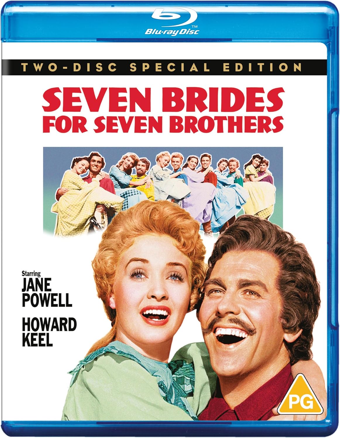 Blu-ray cover for "Seven Brides For Seven Brothers" featuring cast portraits.