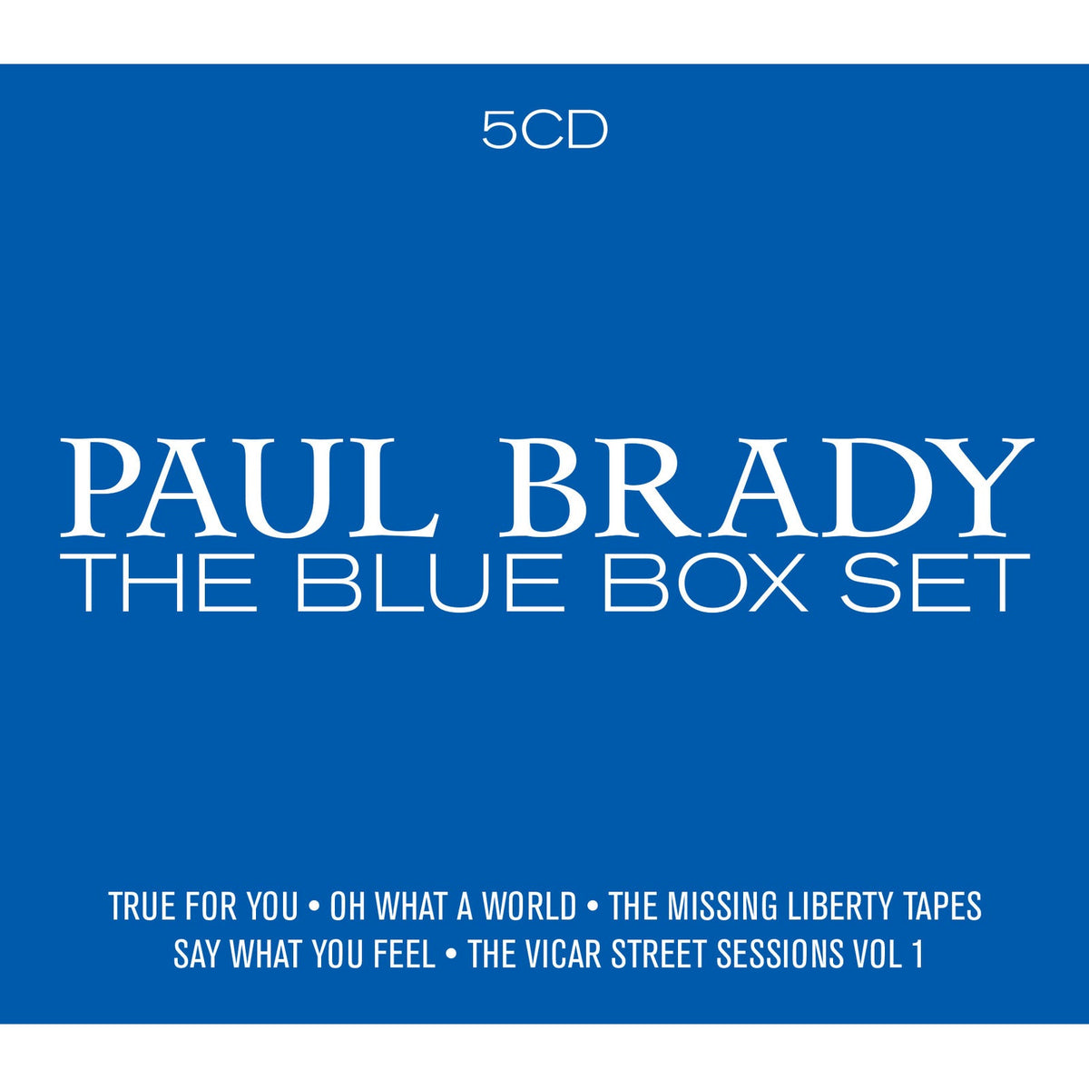 Blue album cover for Paul Brady’s “The Blue Box Set” with white text.