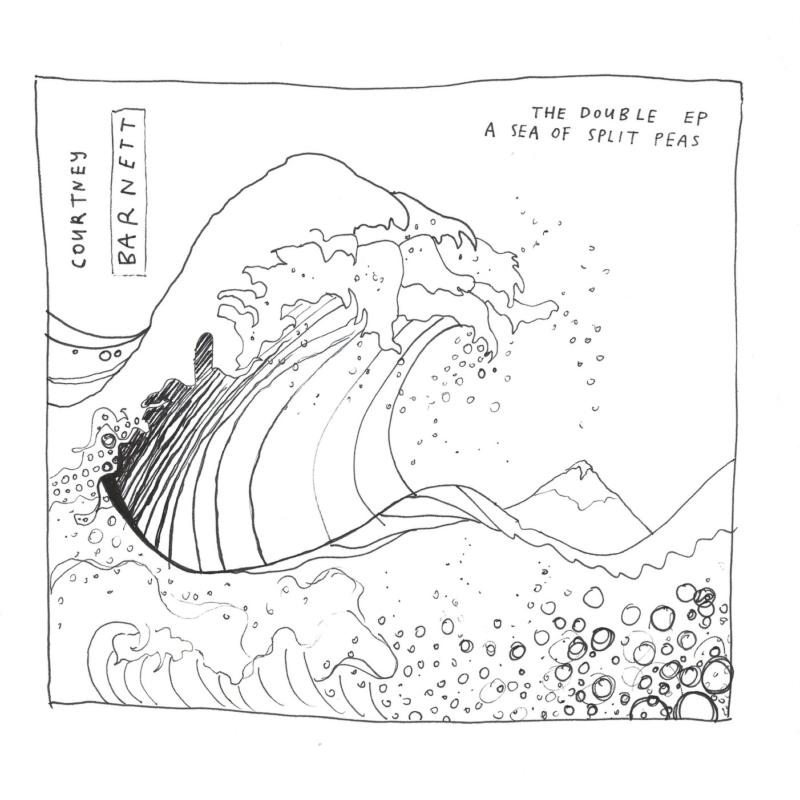 Black and white vinyl record cover with wave illustration and text.
