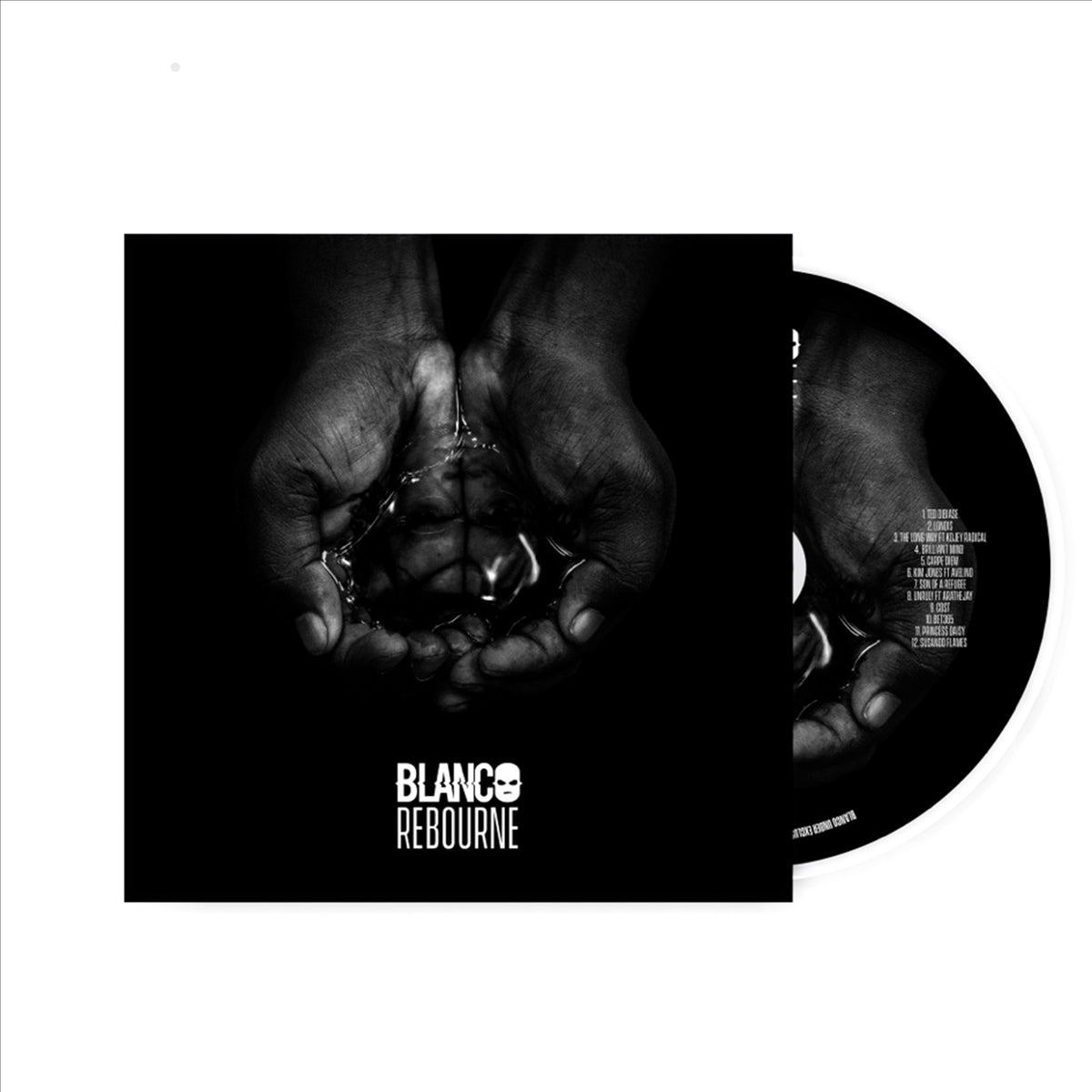 CD case for Blanco’s “Rebourne” album, featuring hands holding shattered glass.