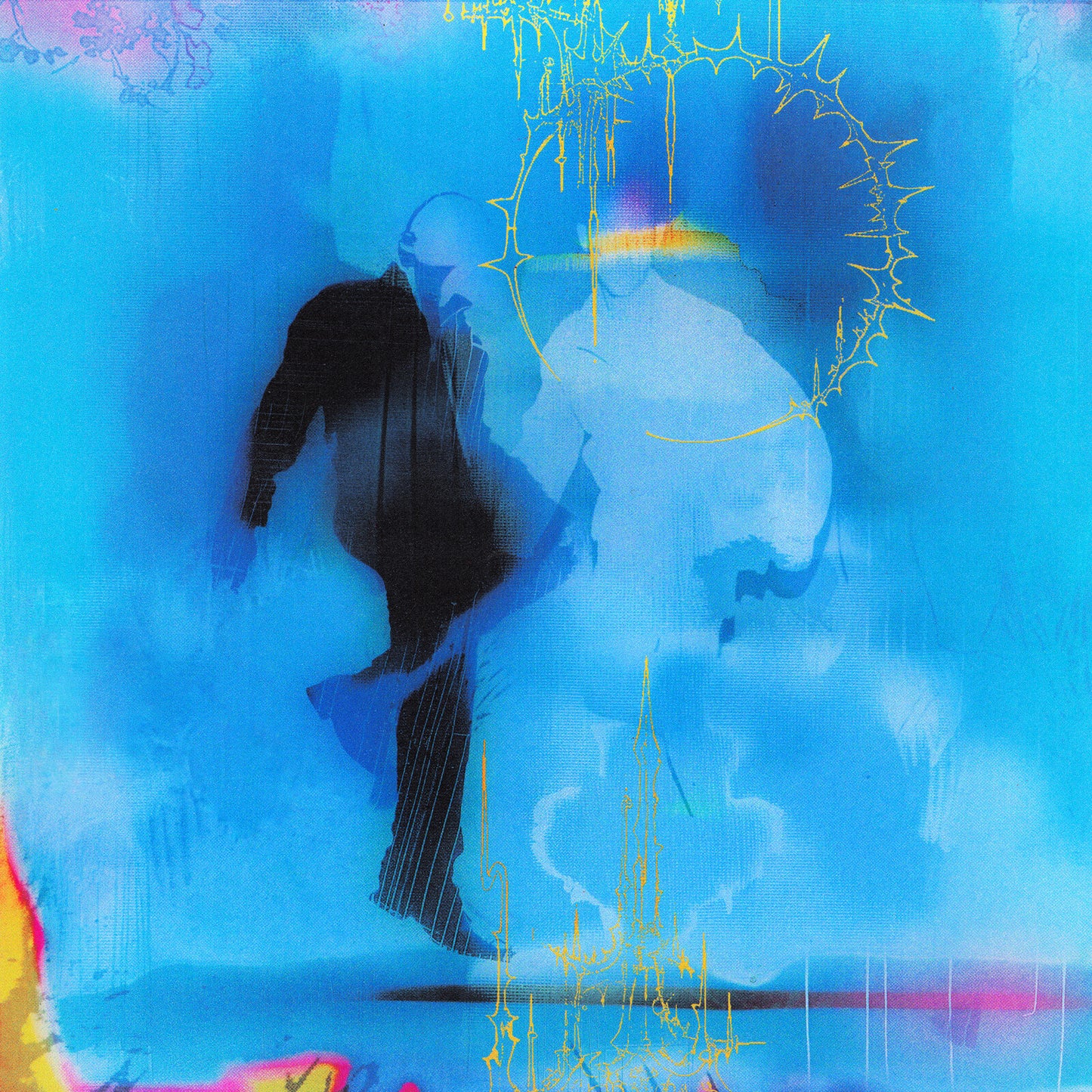 Abstract blue album cover featuring a blurred figure with yellow accents.