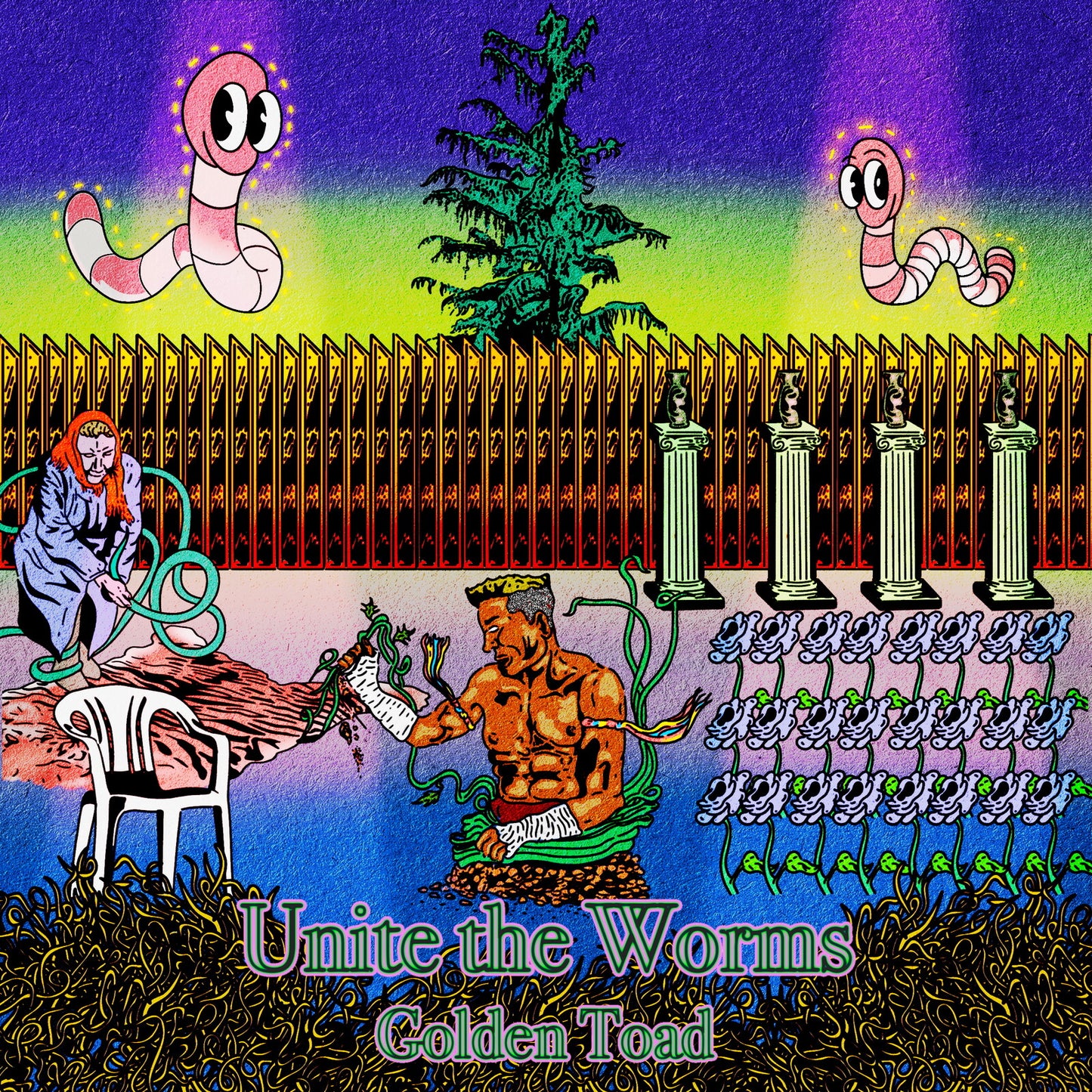 Album cover: surreal illustration with worms, figures, and classical columns.