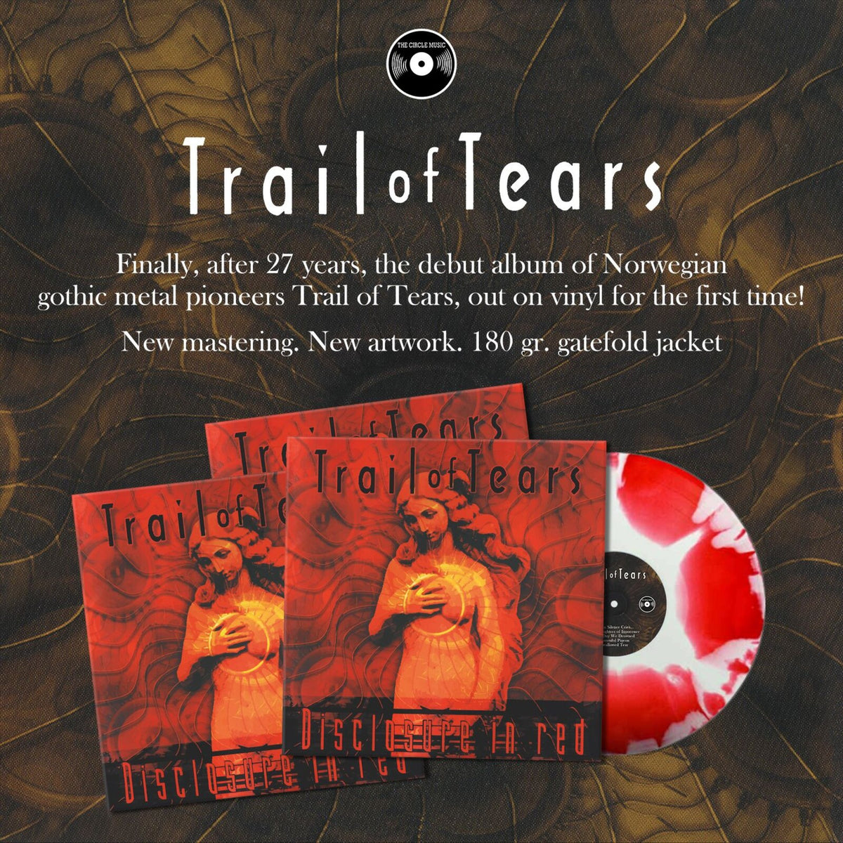 Vinyl record for Trail Of Tears’ debut album, “Disclosure In Red,” with red swirl.