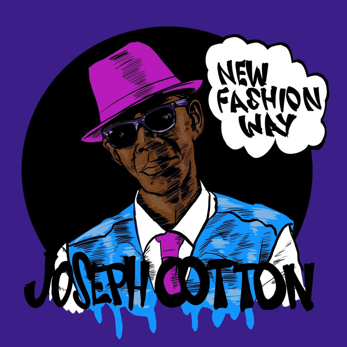 Illustration of Joseph Cotton in a suit, hat, and sunglasses.