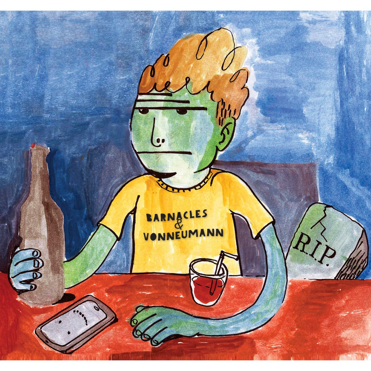 Hand-painted CD cover featuring a green, cartoonish figure at a table.
