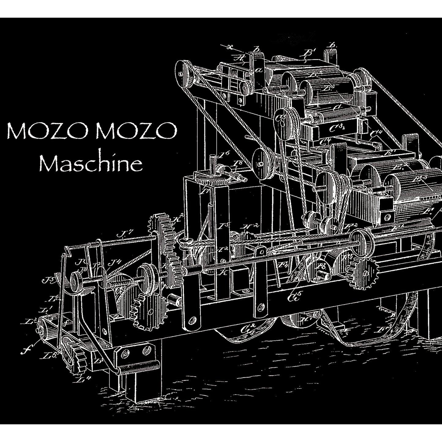 Vintage-style illustration of a complex, industrial machine with labeled parts.