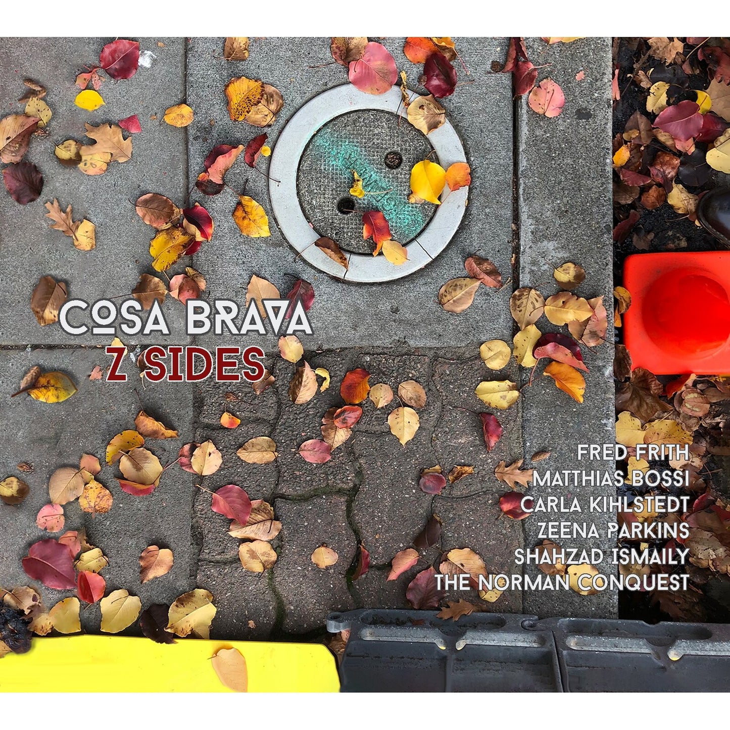 CD cover with autumn leaves scattered on concrete, featuring text and names.
