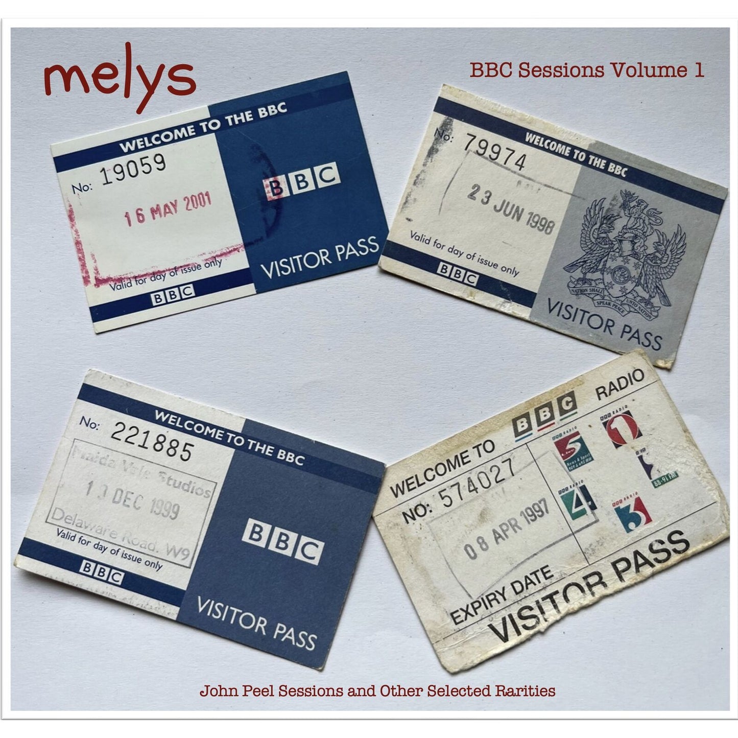 Vinyl record cover featuring images of vintage BBC visitor passes.