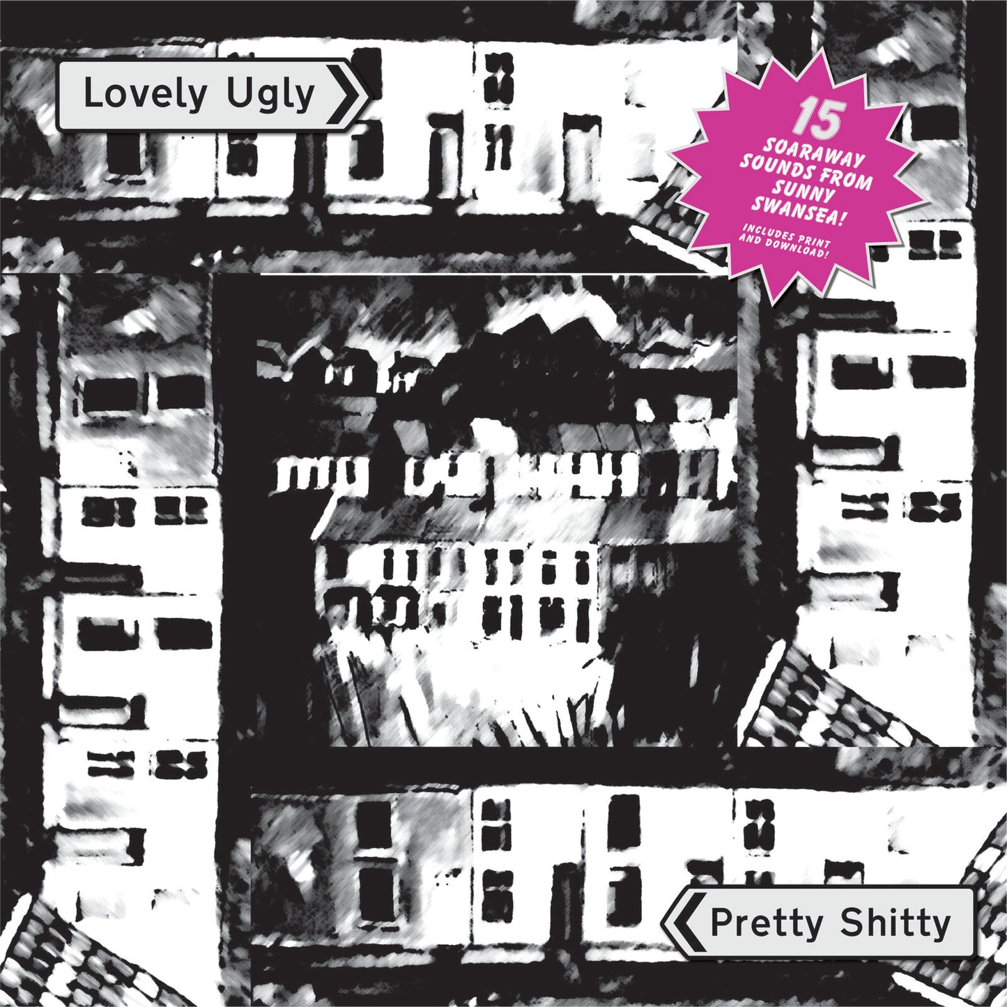 Black and white vinyl record cover with a city skyline image.