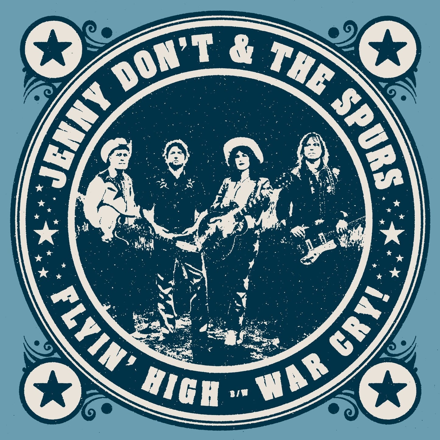 Vintage-style record label featuring a band portrait and starburst design.