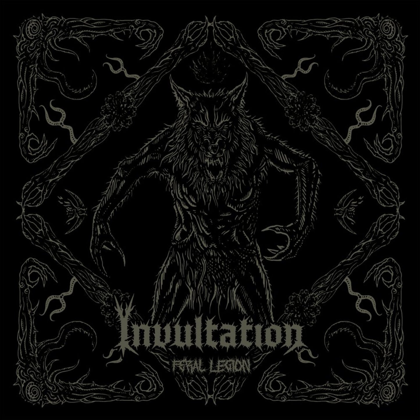 Black and white illustration of a monstrous, clawed figure with “Invultation” text.