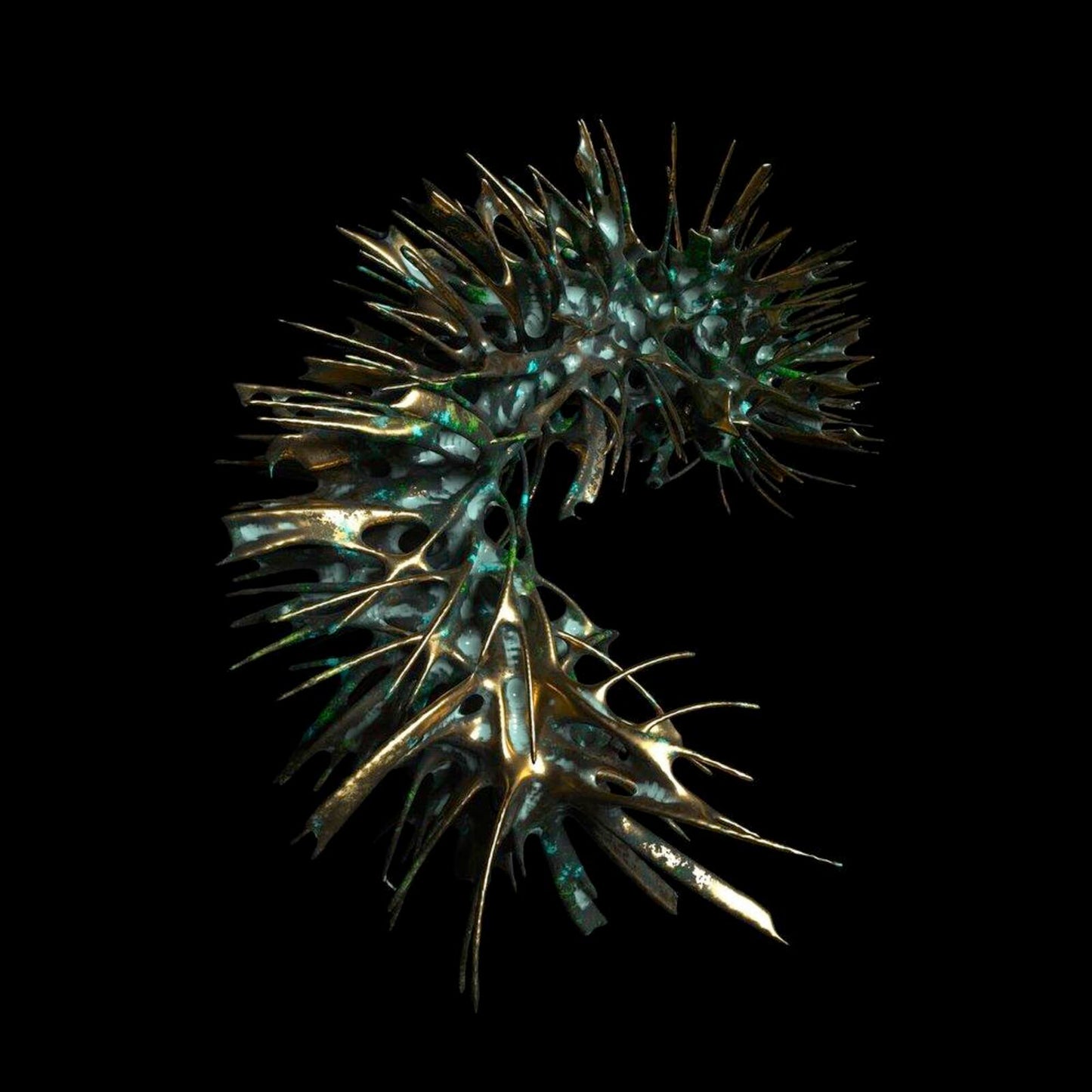 Spiky, metallic spiral shape against a black background.