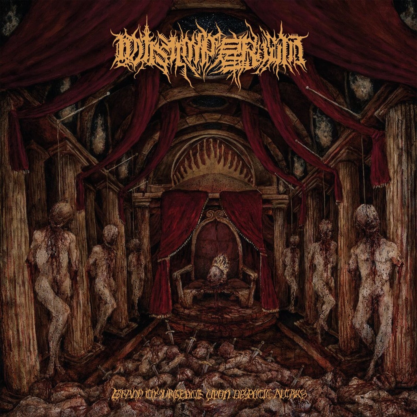 Dark album cover depicting a throne room with figures and ornate details.