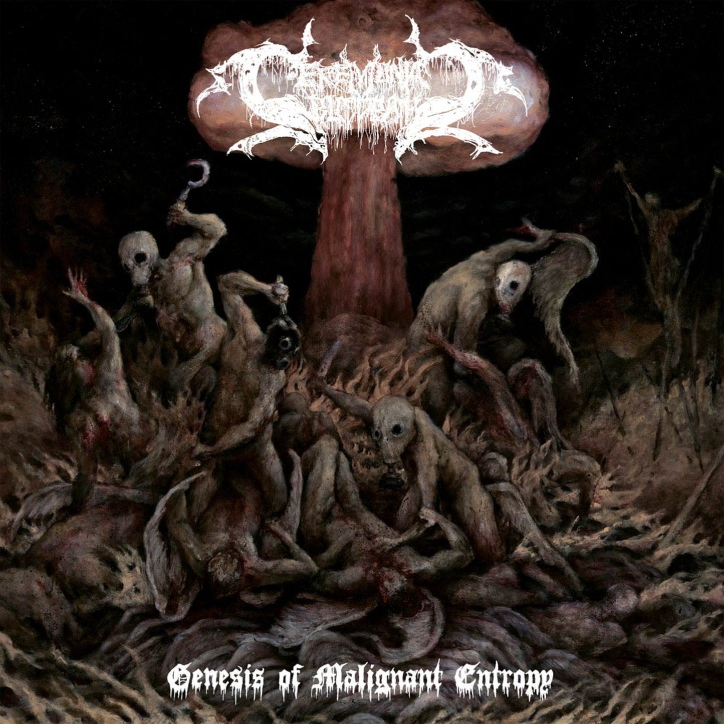 Dark, disturbing album cover depicting figures amidst a mushroom cloud.