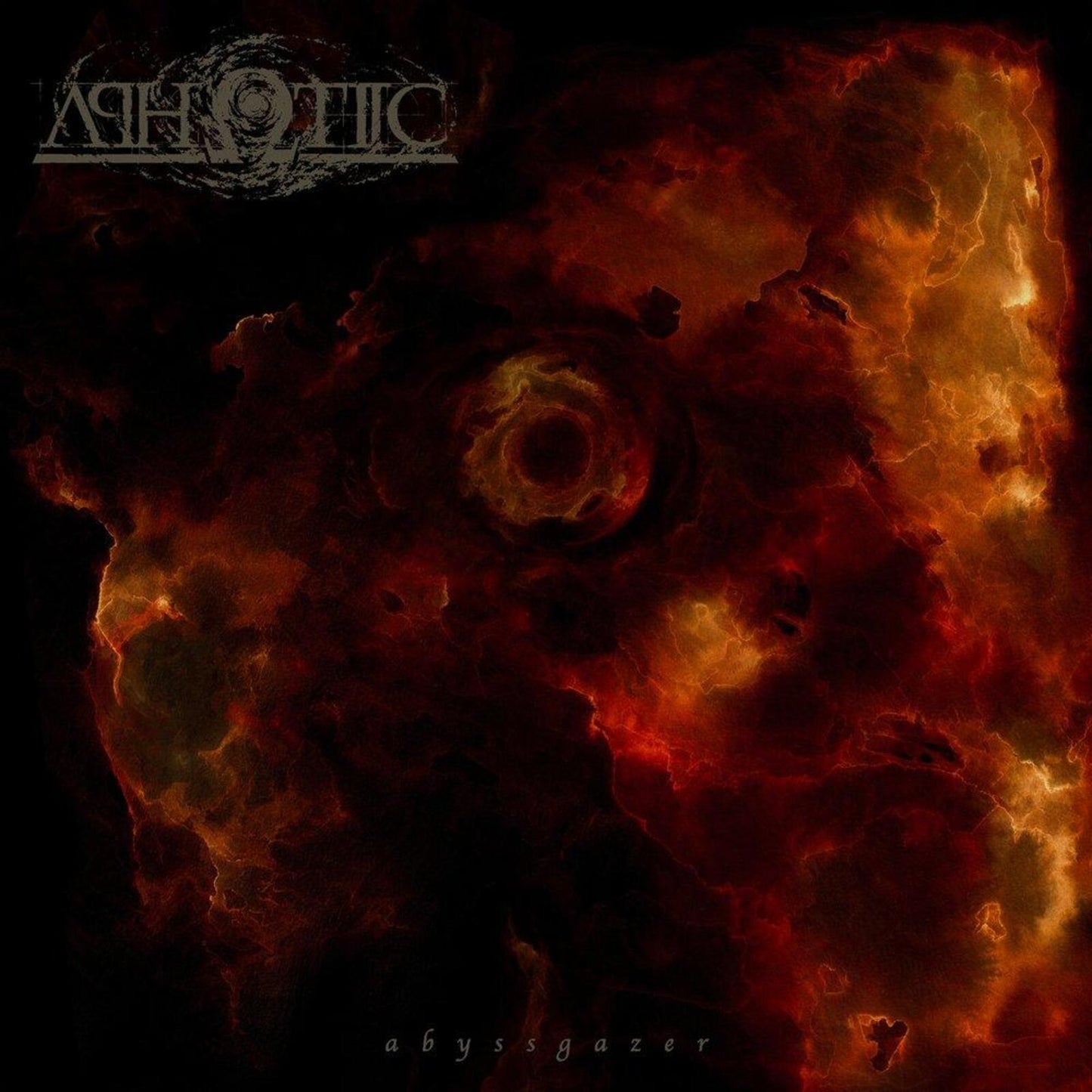Vinyl record cover for APHOTIC - ABYSSGAZER, featuring swirling red and black imagery.