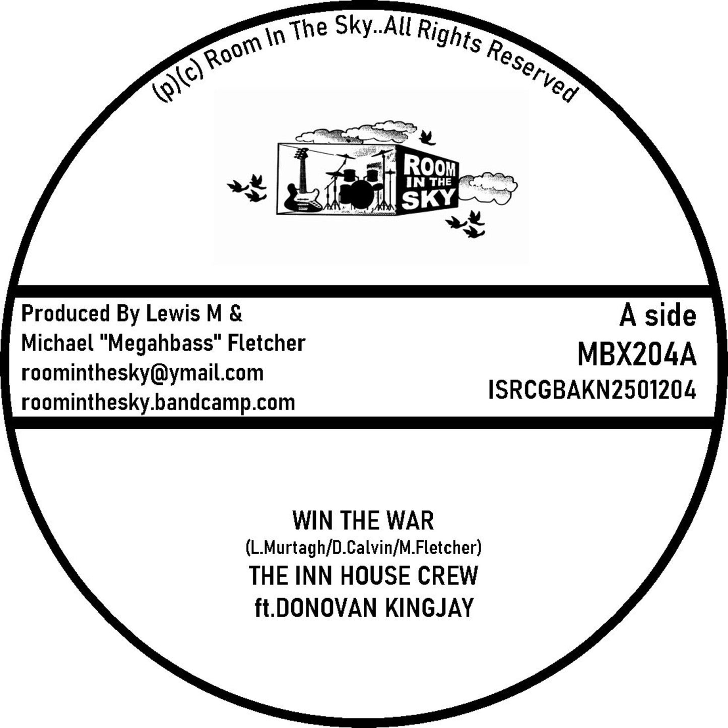 Black vinyl record label with white text and a central illustrated train scene.