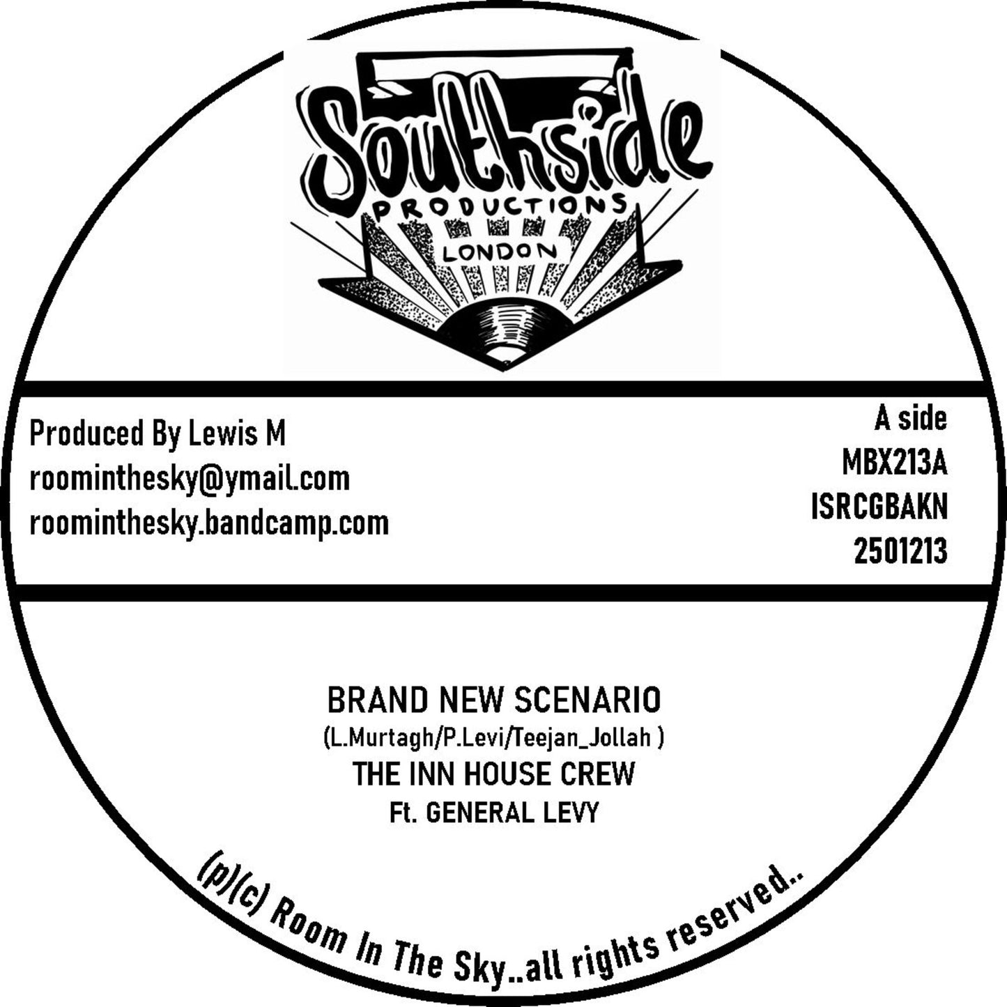 Black vinyl record label with white text and a starburst design.
