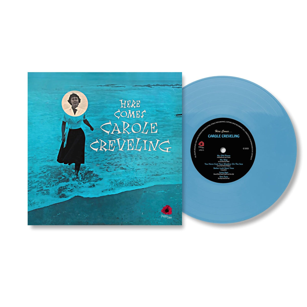 Album cover: woman walking on beach, text "Here Comes Carole Creveling".