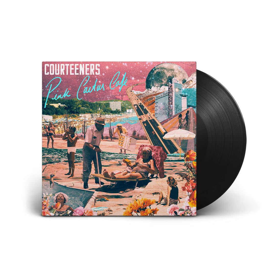 Vinyl record with colorful collage cover featuring a desert scene and people.