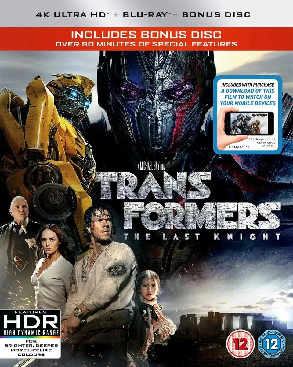 Transformers The Last Knight Blu-ray cover featuring Optimus Prime, Bumblebee, and human cast members.