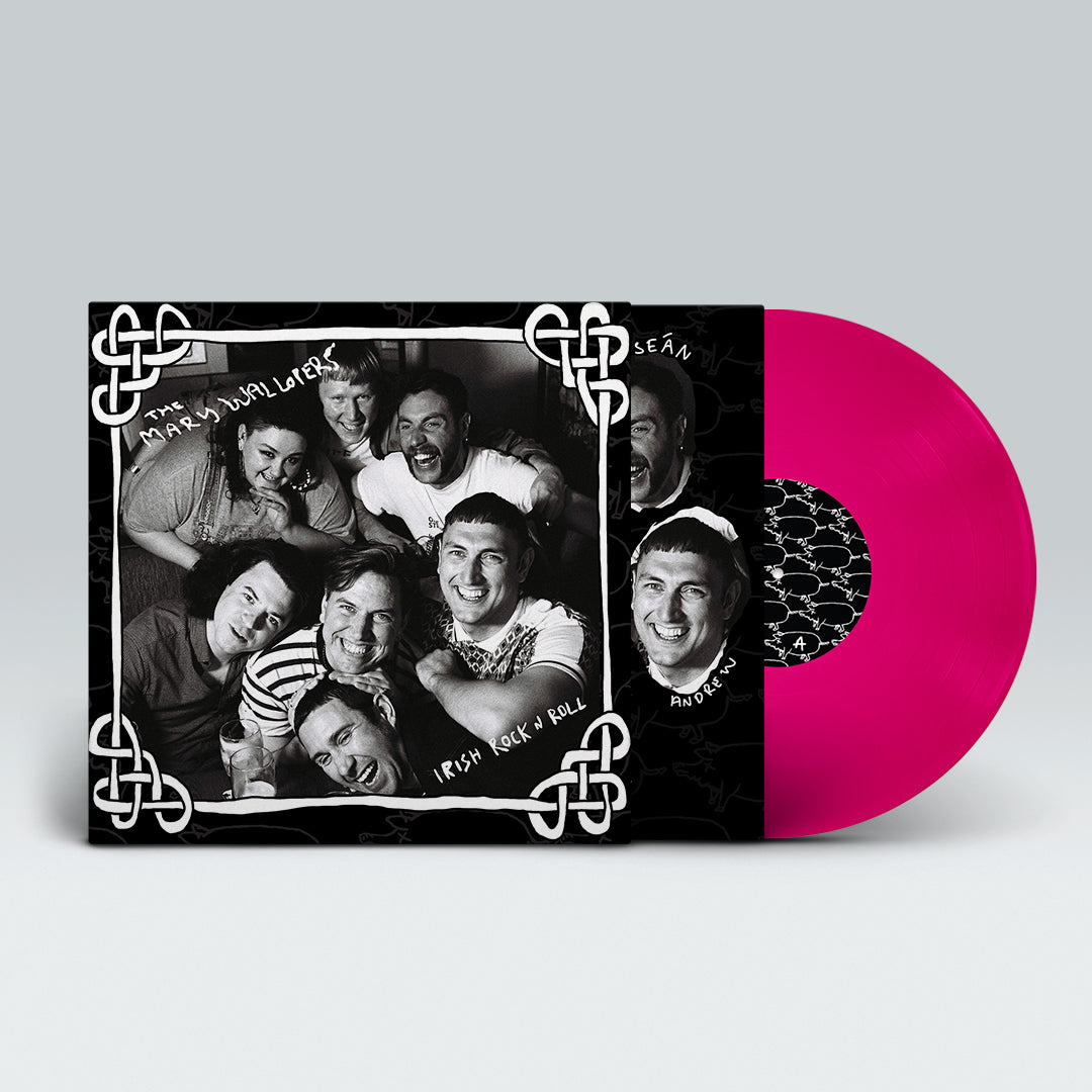 Black and white band photo album cover with a pink vinyl record.