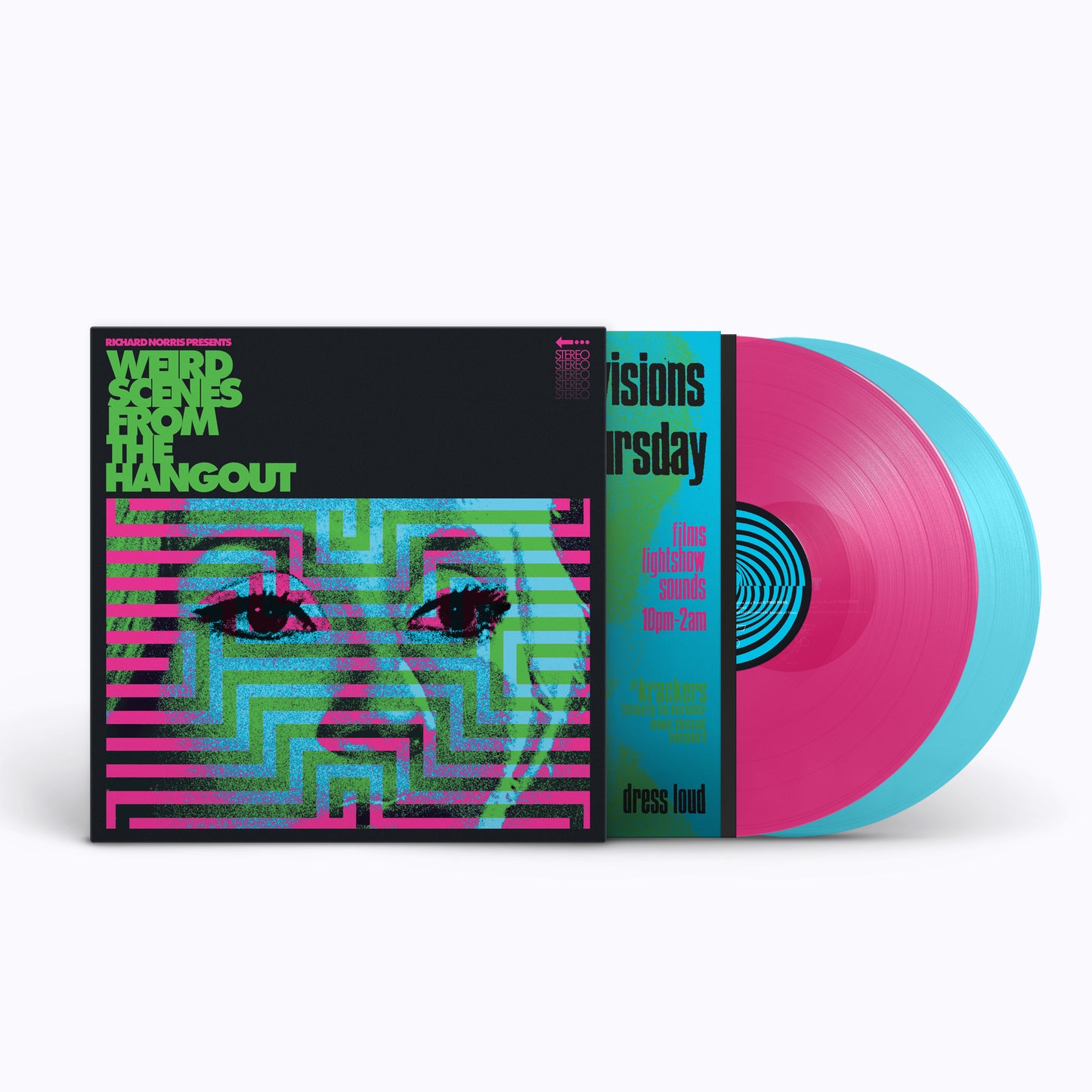Vinyl record with colorful, abstract cover art featuring distorted eyes.