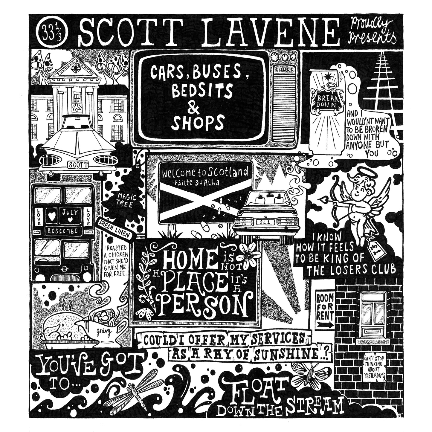 Black and white illustrated vinyl record cover for Scott Lavene’s “Cars, Buses, Bedsits & Shops.”