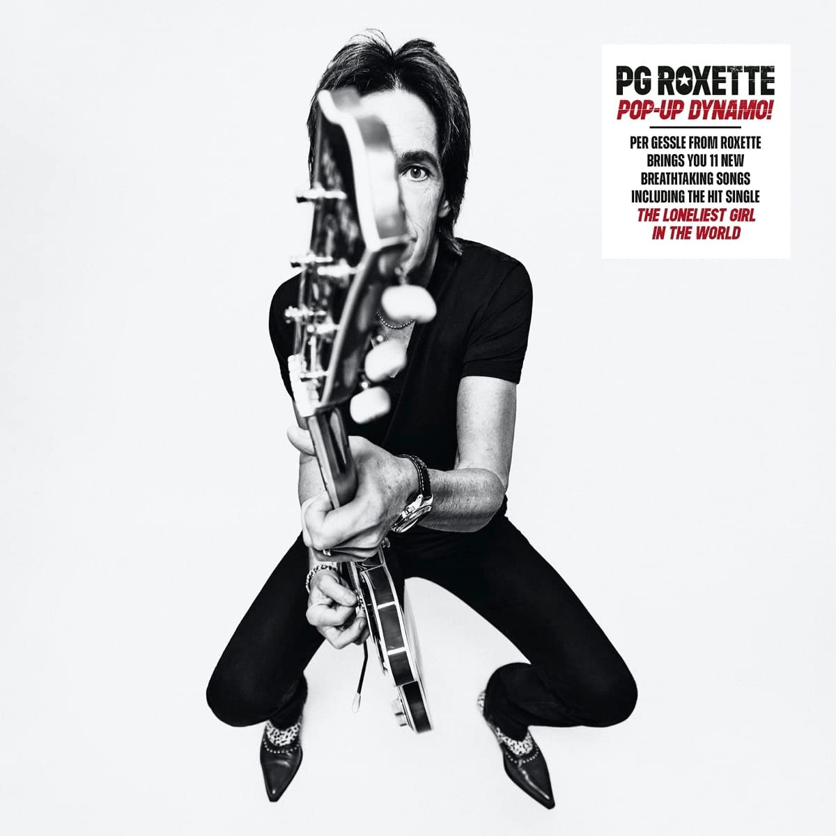 Per Gessle of Roxette squats playing guitar on album cover.