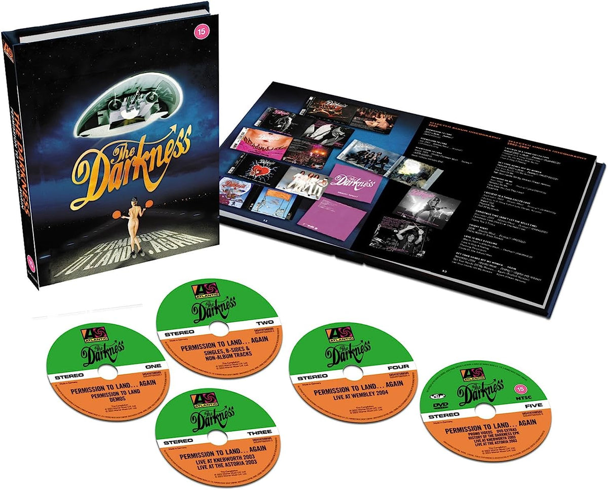 Box set of five CDs and a DVD by The Darkness, with album artwork.