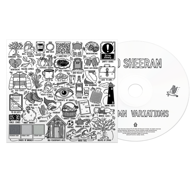 Ed Sheeran "Autumn Variations" CD with detailed fall-themed illustration.