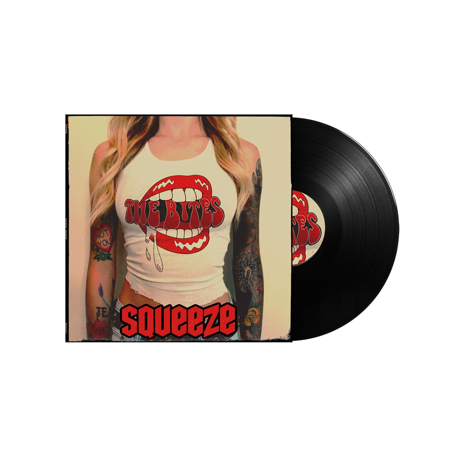 Vinyl record for The Bites’ “Squeeze” album with a woman’s portrait.