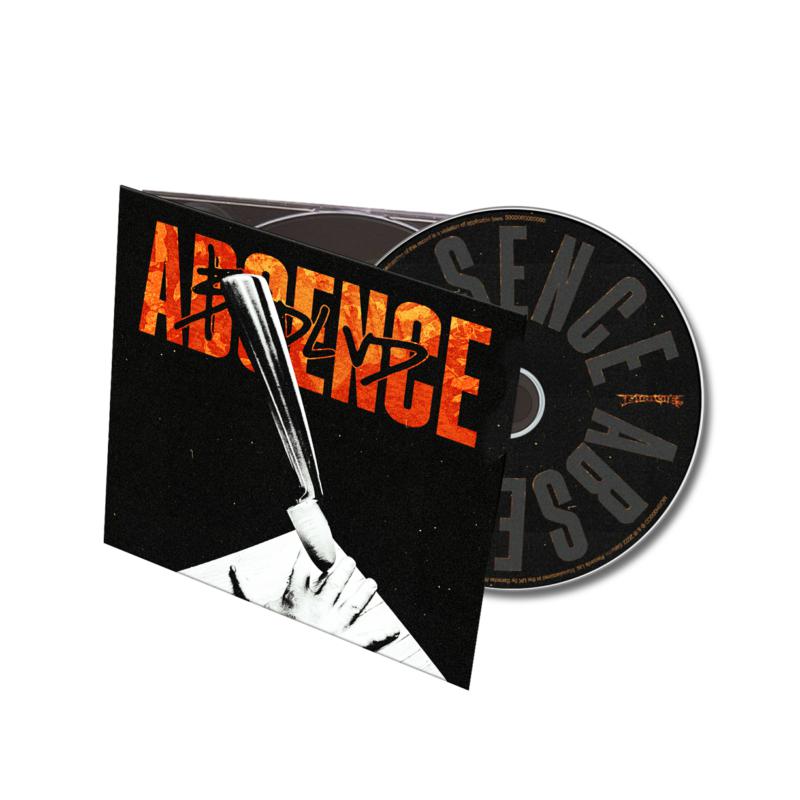 CD case for “Absence” by Bvdlvd, with red text and a hand image.