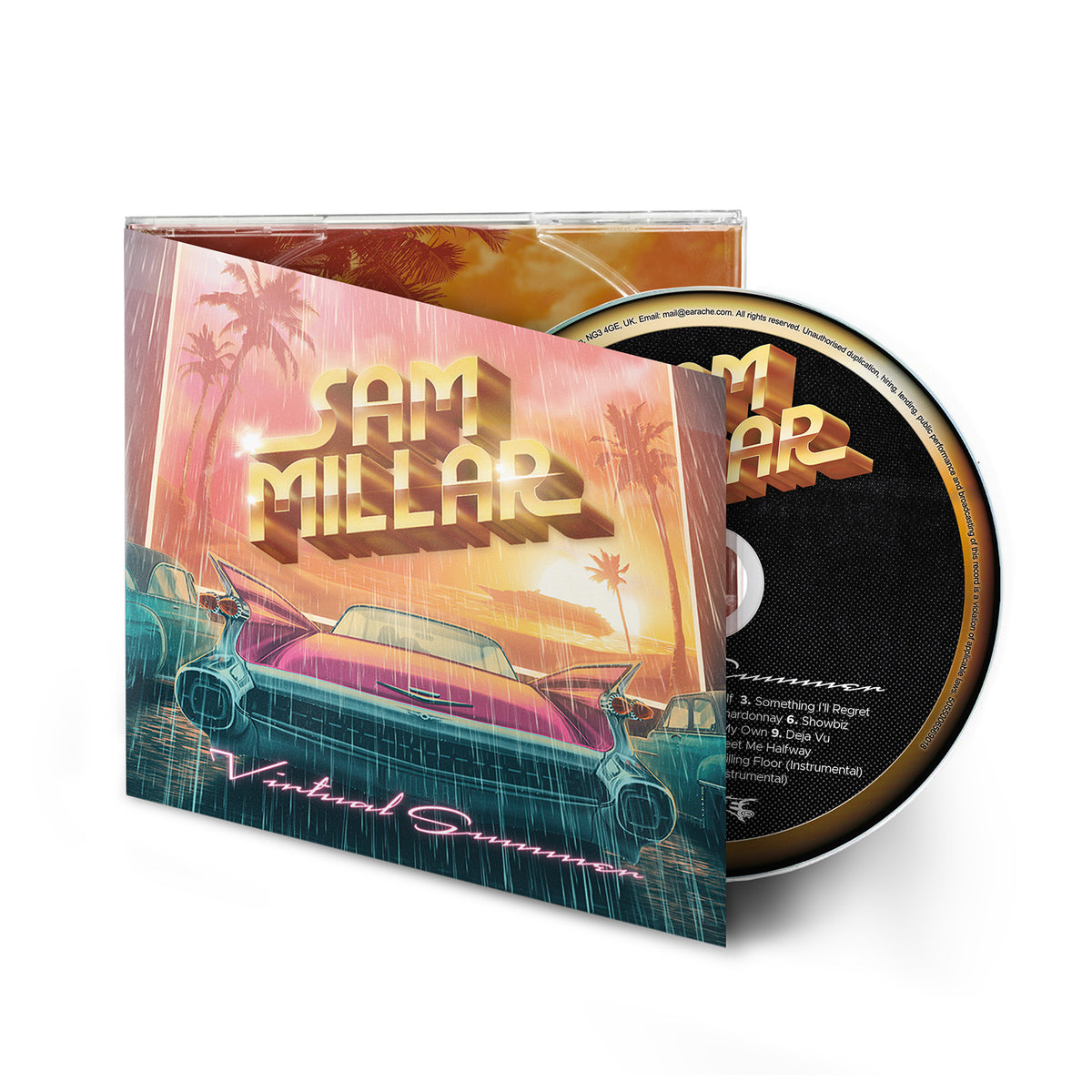 CD case for Sam Millar’s “Virtual Summer” album, featuring a sunset scene.