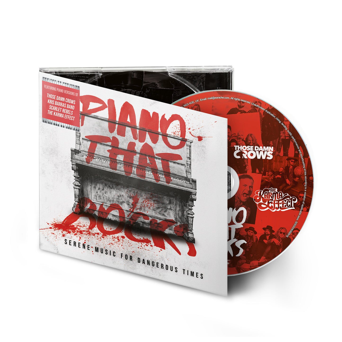 CD cover for “Piano That Rocks” featuring distressed imagery and band portraits.